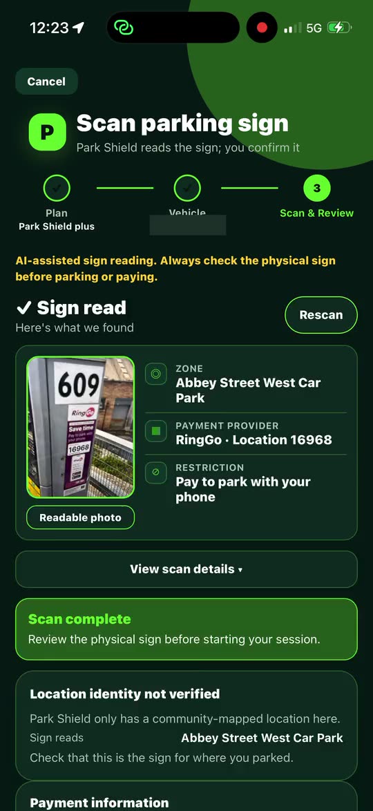 Park Shield scan results showing the car park, RingGo location 16968 and the restriction pay to park with your phone