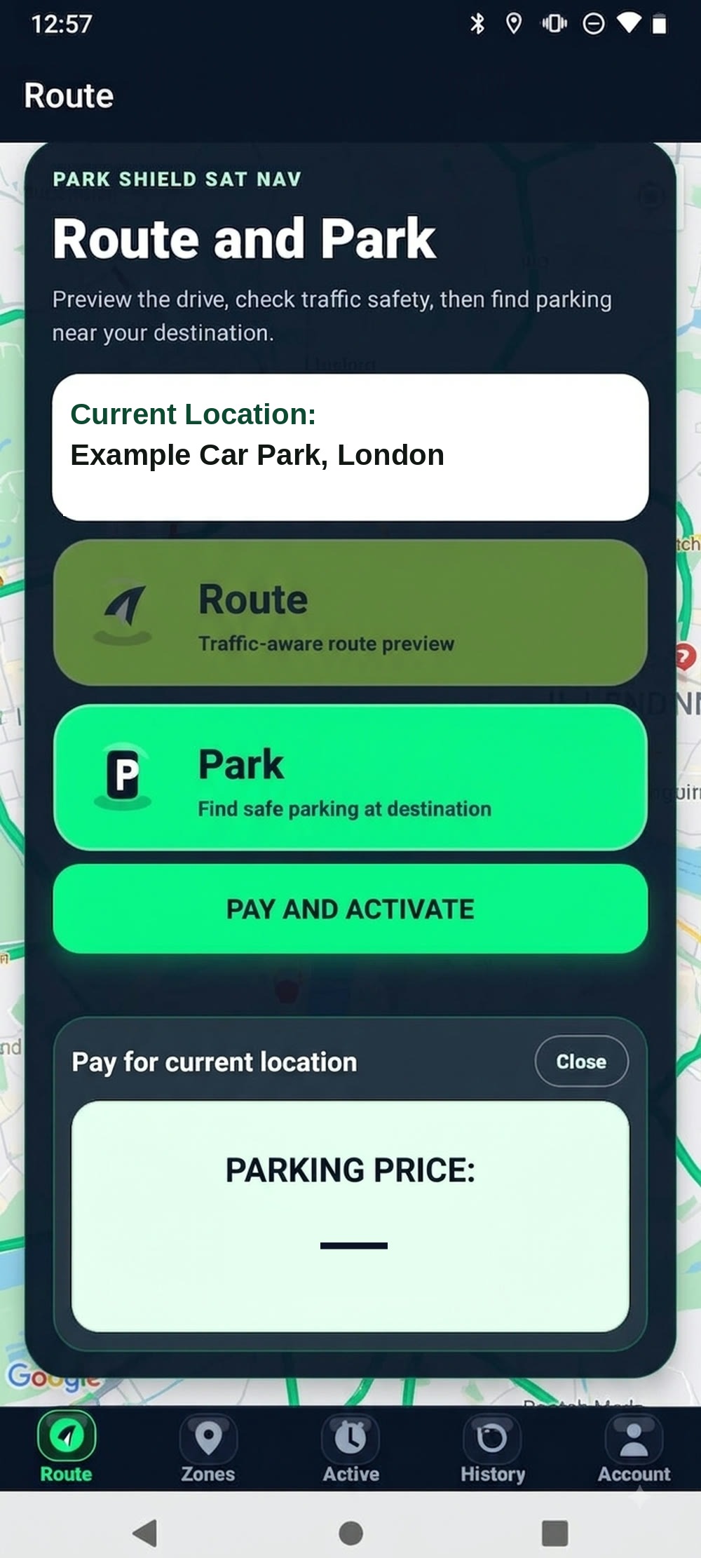 ParkShield route and park screen with route, park and pay and activate actions