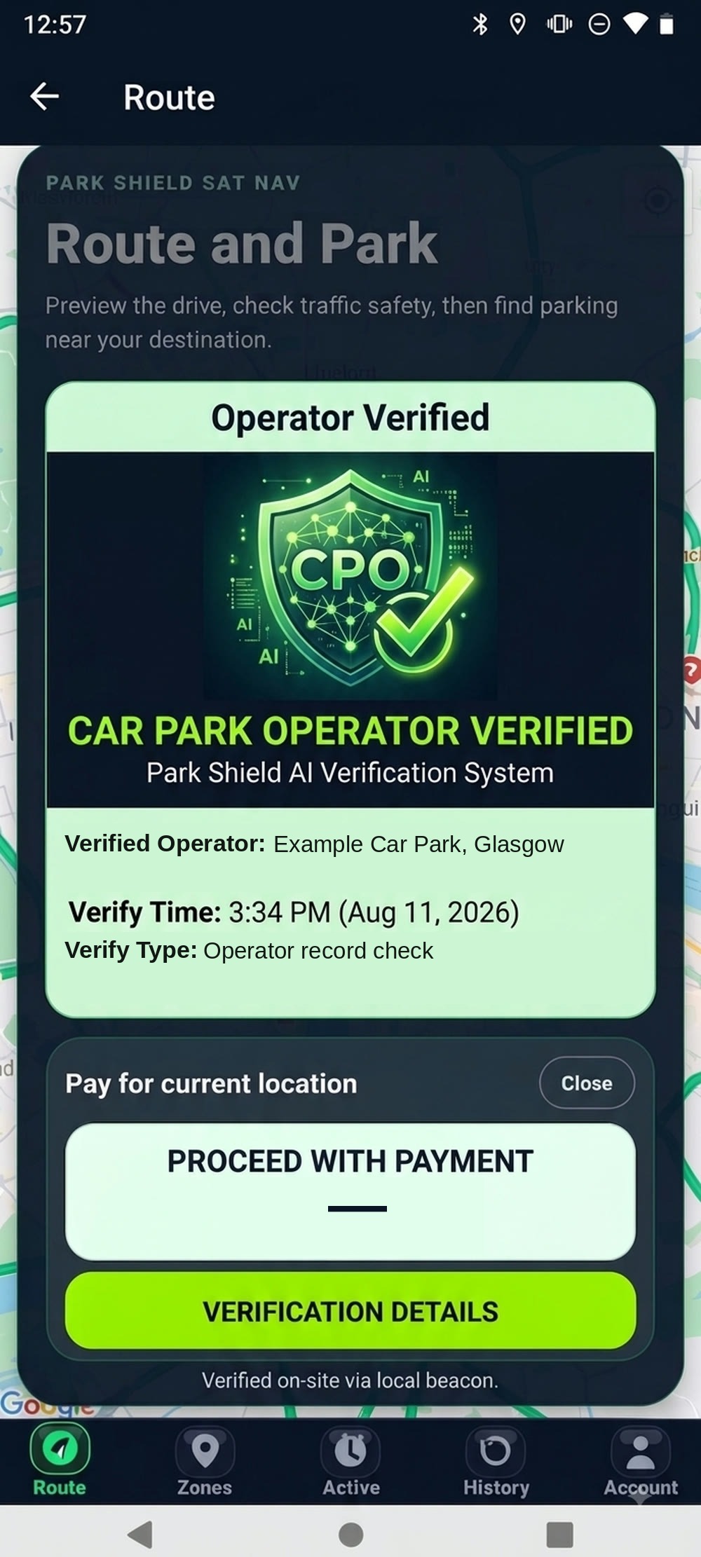 ParkShield operator-verified screen showing the verified operator, verification time and check type