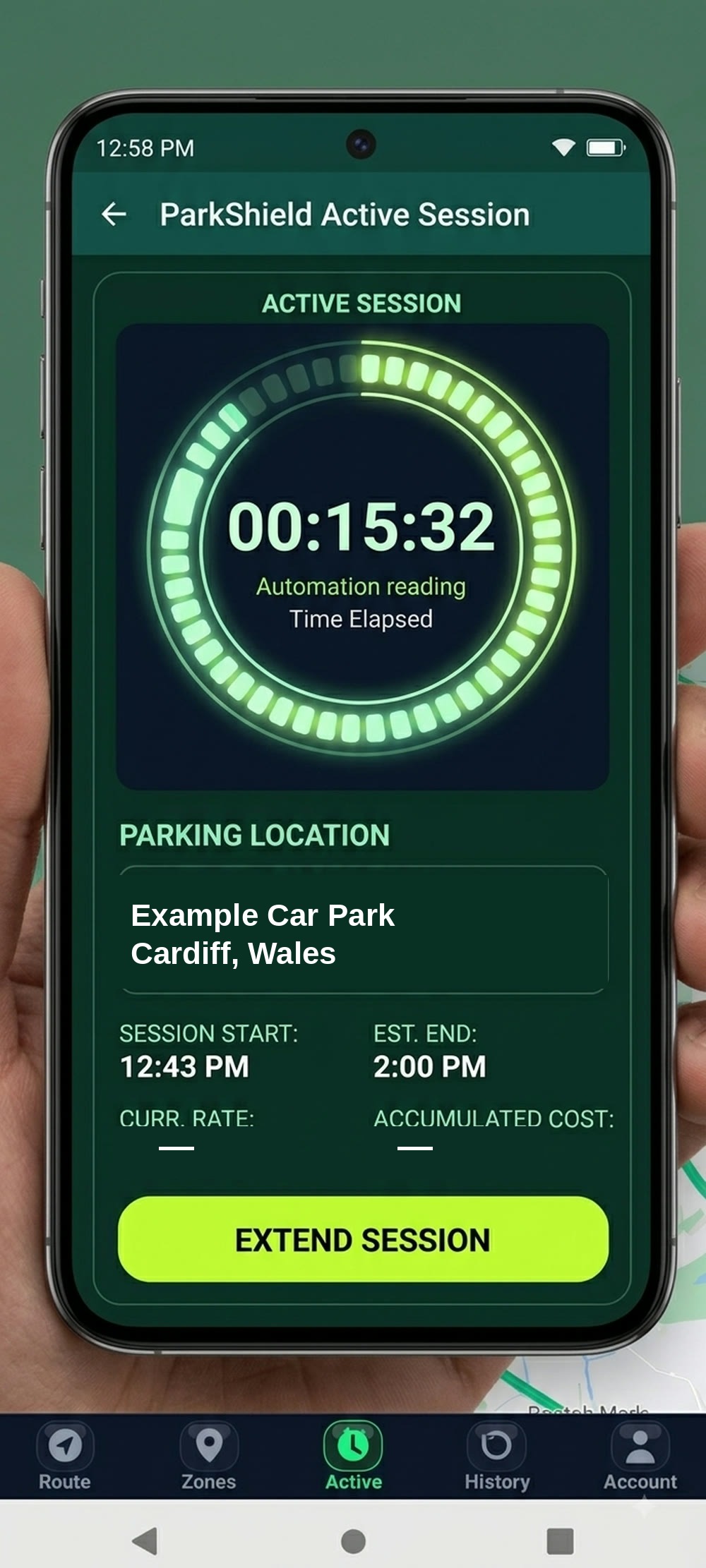 ParkShield active-session screen: a running timer, the parking location, and session start and end times